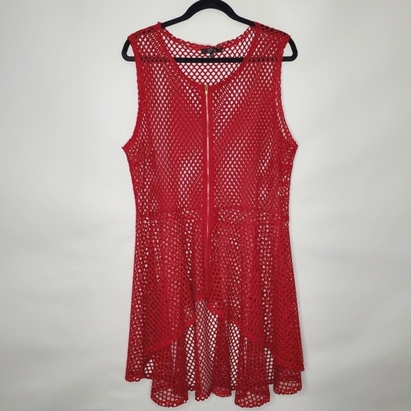 Fish Net Zip Front Peplum Top Size 3X Red Sleeveless Open Weave Tunic Stretch - Picture 1 of 12